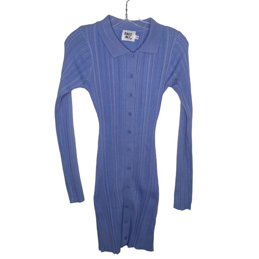 Princess Polly Blue Ribbed Knit Button Front Mini Dress Long Sleeve Polo L/XL